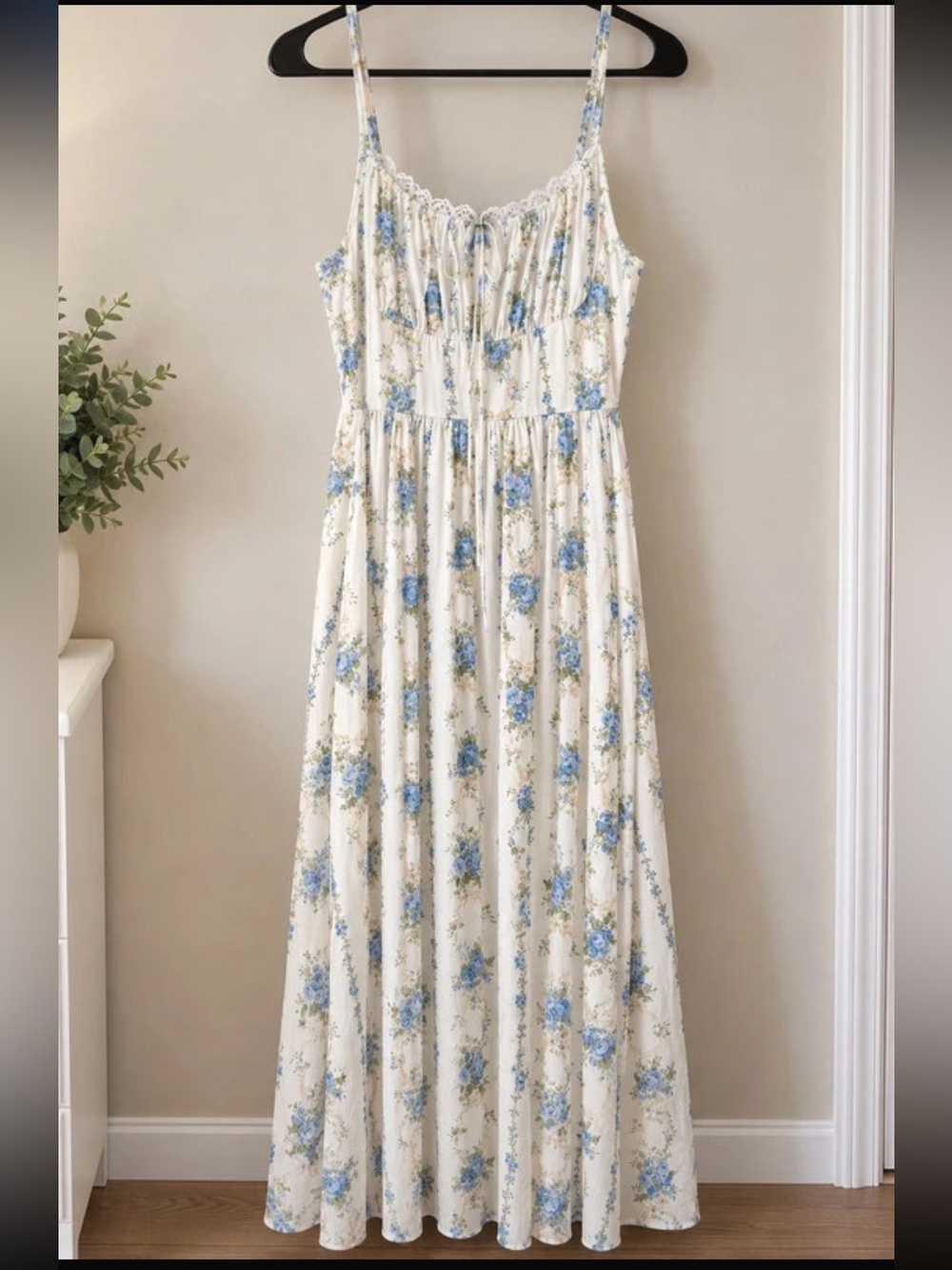 Floral Cream Maxi Dress with Blue Print